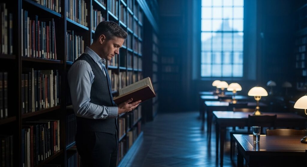 hombre leyendo libro antiguo en biblioteca moderna con lampara