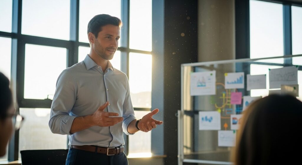 hombre liderando equipo en oficina moderna con luz solar