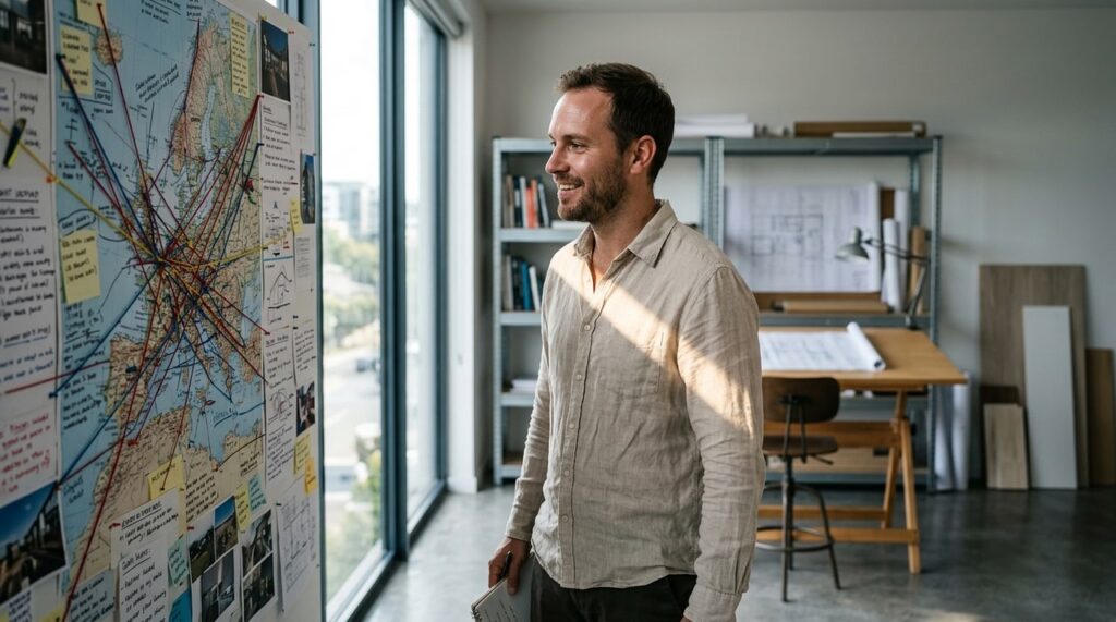 hombre observando mapa con notas en estudio moderno iluminado