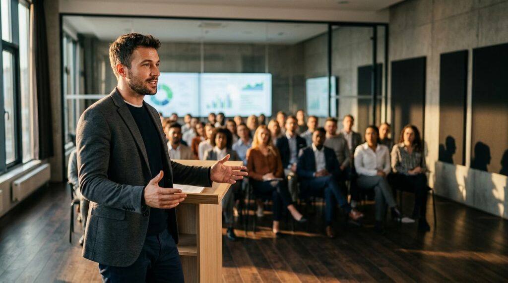 hombre orando exposicion ante publico en aula moderna