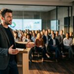 hombre orando exposicion ante publico en aula moderna