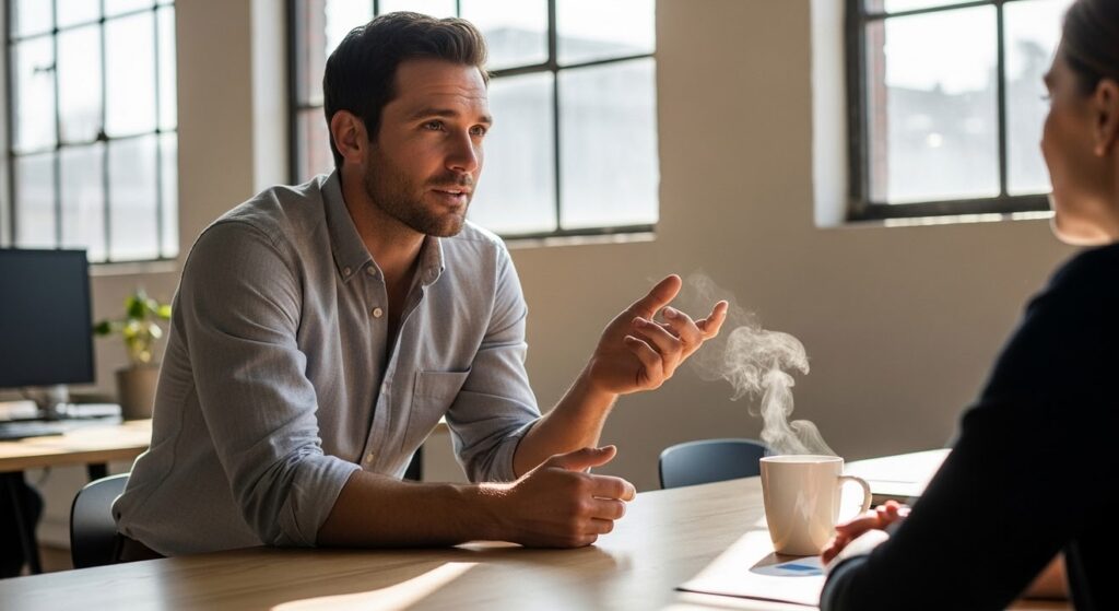 hombre profesional conversa con colegas en oficina muy iluminada