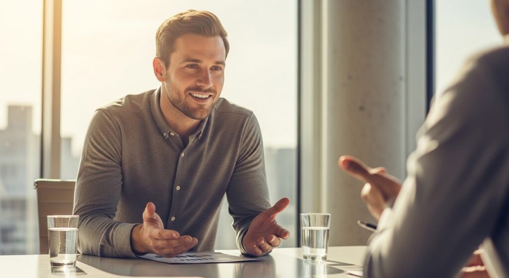 hombre profesional dialoga con gesto amable en oficina soleada