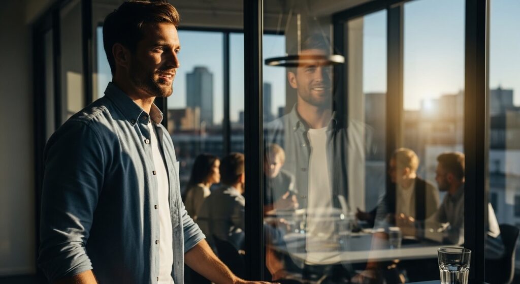 hombre profesional motivado lidera equipo en oficina moderna soleada
