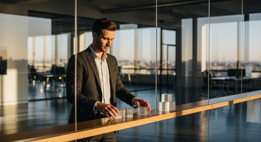 hombre profesional organiza bloques en oficina iluminada por sol