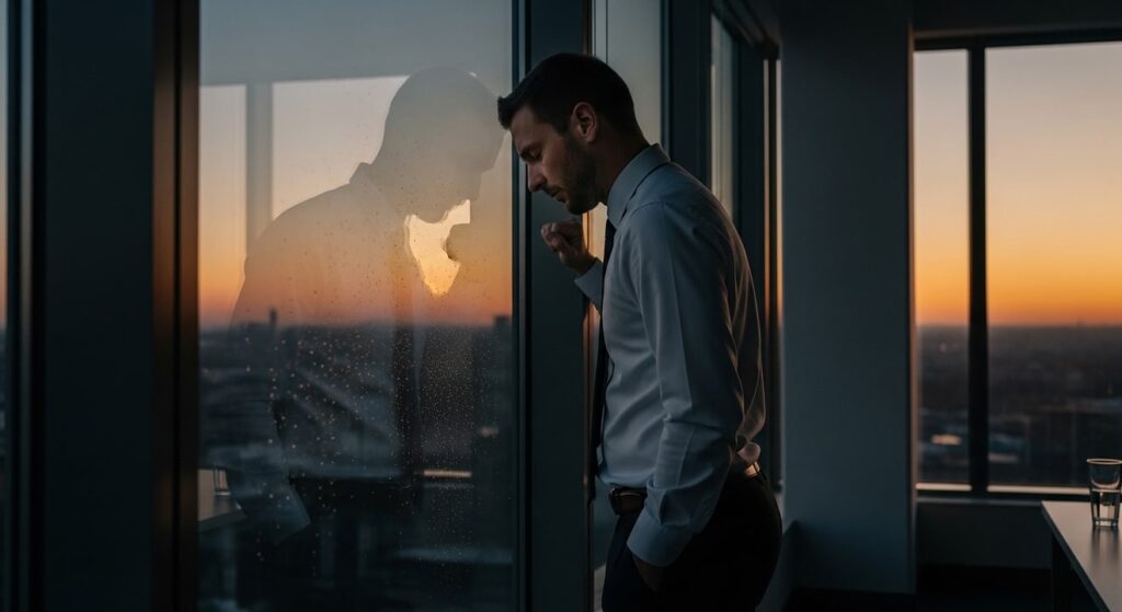 hombre reflexivo ante gran ventanal en oficina al anochecer