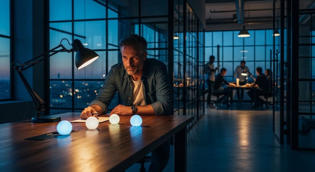 hombre reflexivo ante mesa de roble en oficina moderna