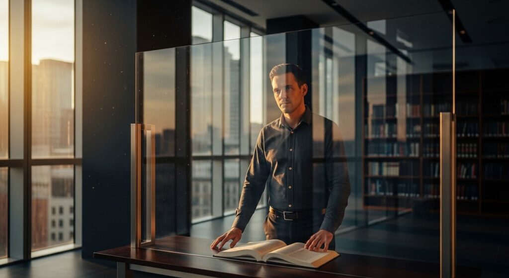 hombre reflexivo con libro en biblioteca moderna al atardecer