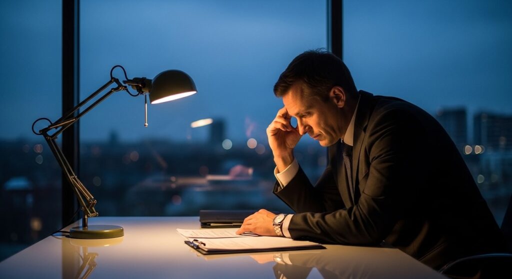 hombre reflexivo junto a escritorio bajo lampara tenue en oficina