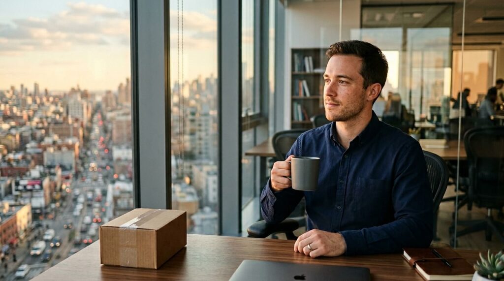 hombre reflexivo sostiene taza de cafe en oficina soleada