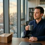 hombre reflexivo sostiene taza de cafe en oficina soleada