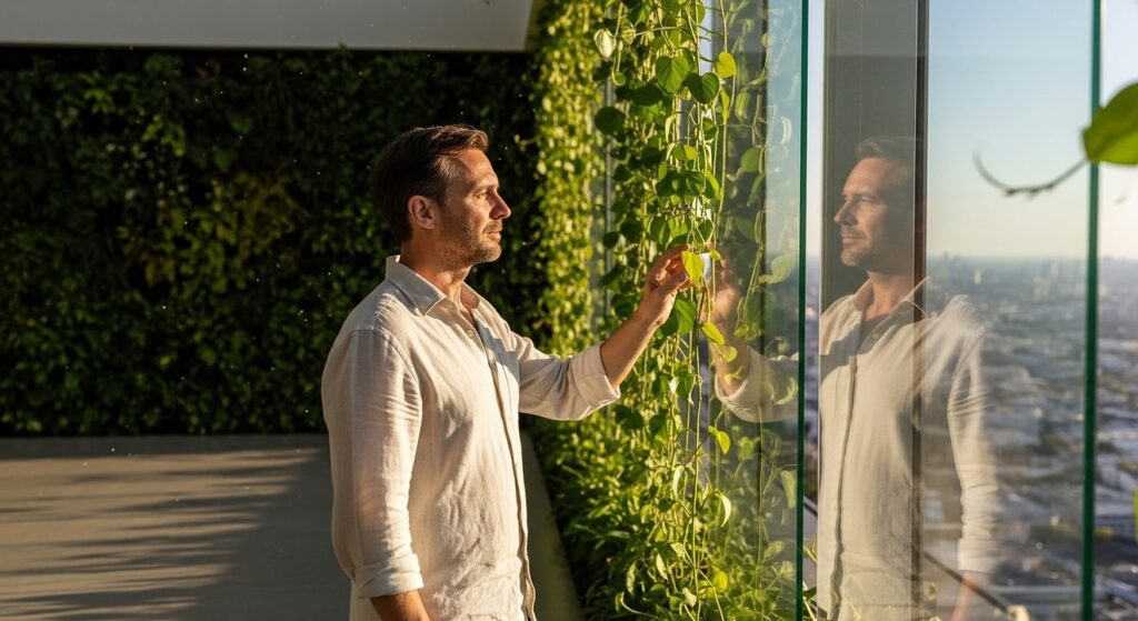 hombre reflexivo toca planta en atrio moderno con sol