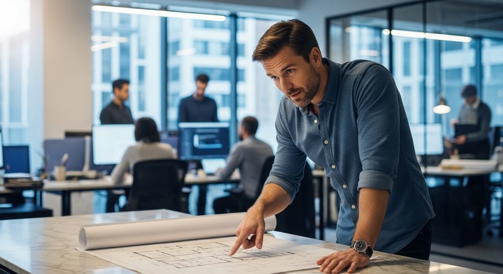 hombre revisando planos en oficina moderna bajo luz solar