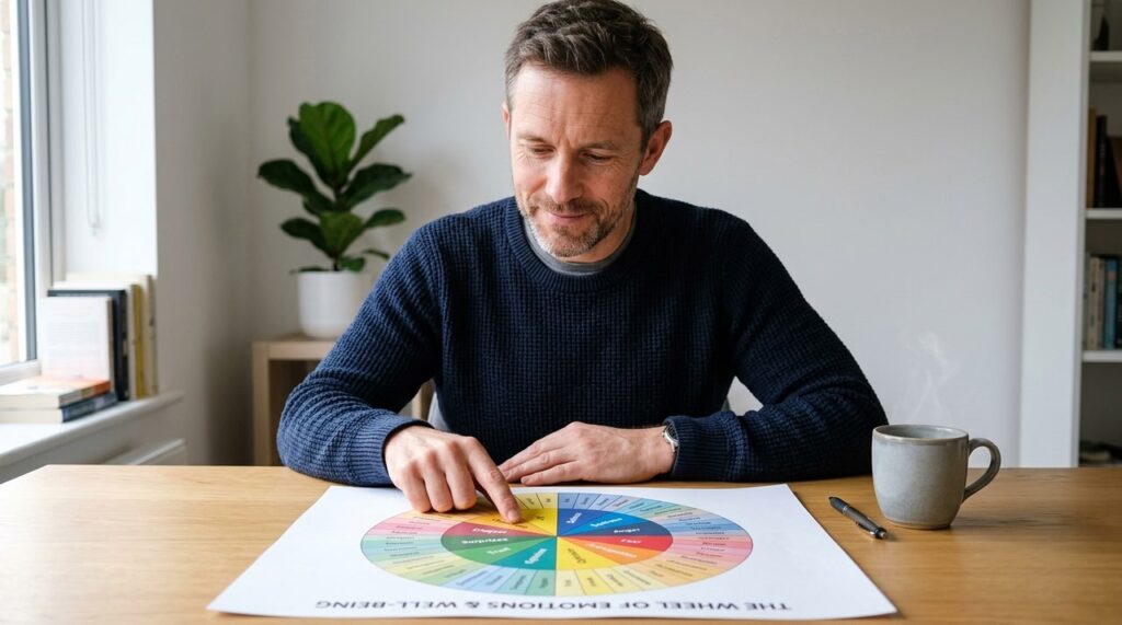 hombre revisando un grafico colorido sobre mesa de madera