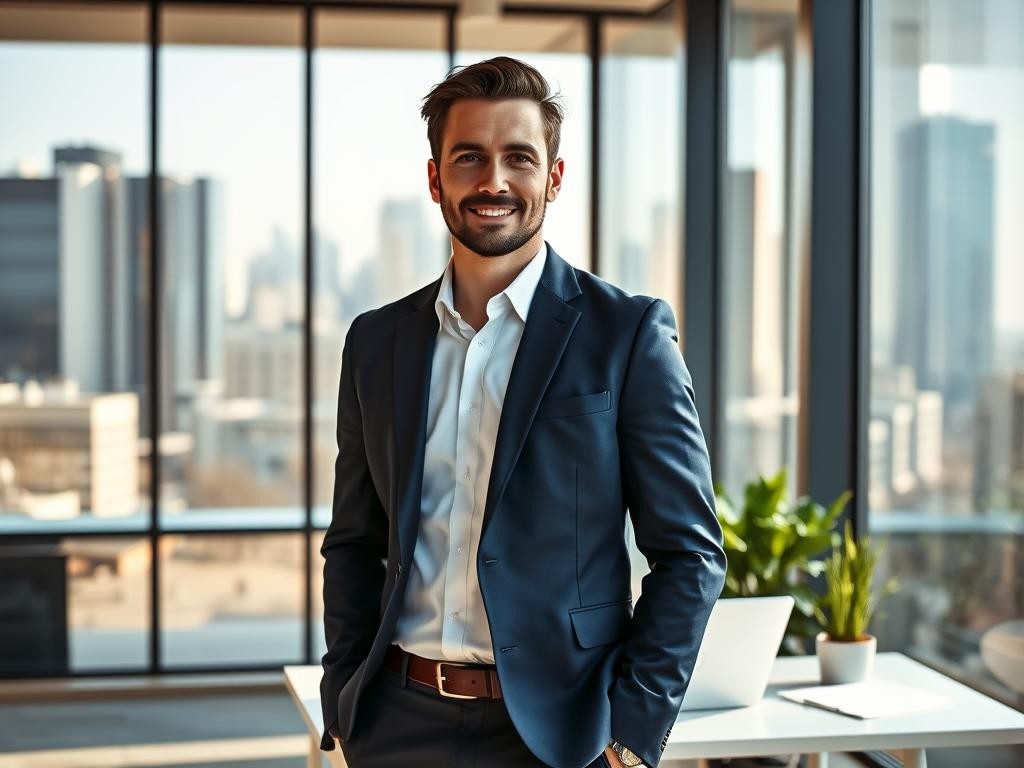 hombre seguro en oficina moderna luz calida ciudad y liderazgo inspirador
