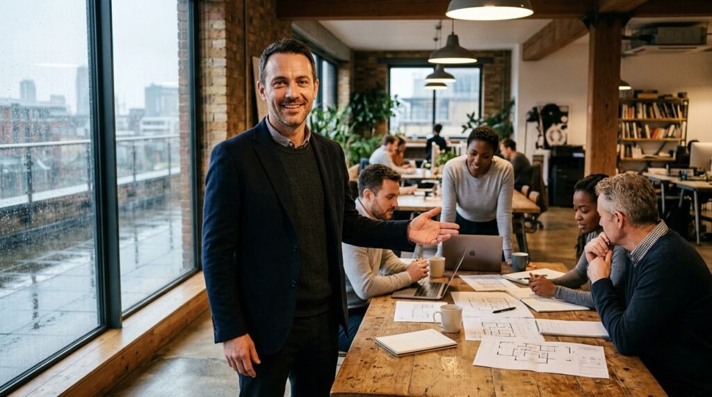 hombre sonriendo explica diagramas a equipo cooperativo