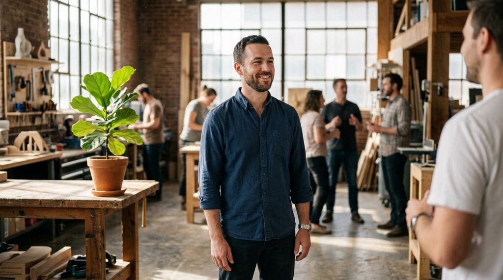 hombre sonriente escuchando a un companero de trabajo
