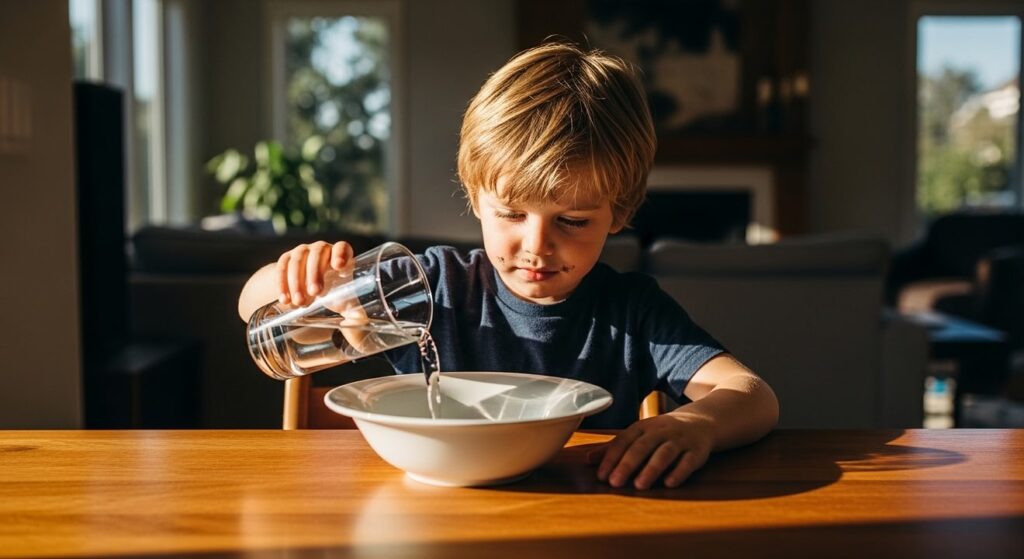 infante concentrado vierte agua en mesa de madera iluminada