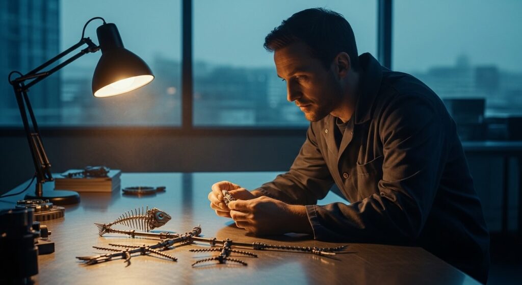 ingeniero analiza componentes metalicos en laboratorio industrial al amanecer