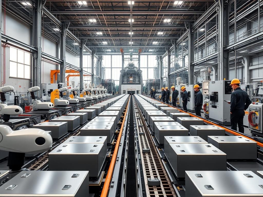 interior amplio de la gigafabrica de tesla con robots maquinaria y trabajadores