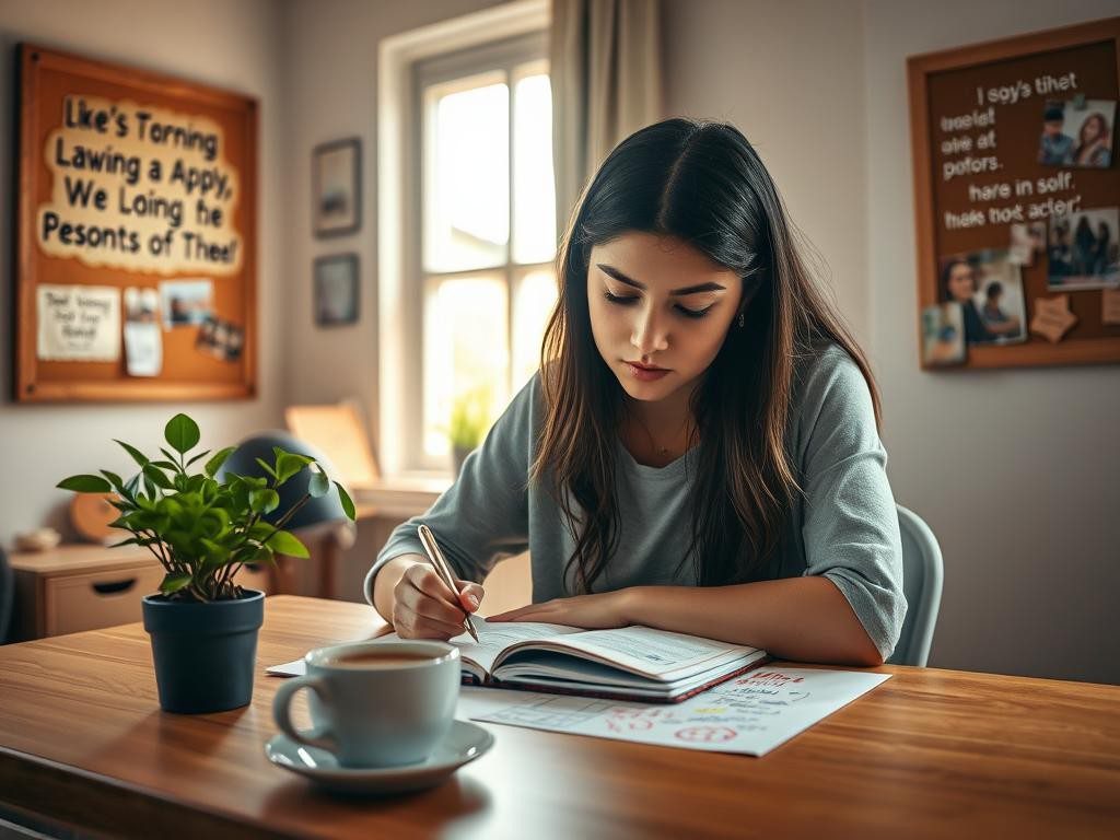 joven concentrada en su cuaderno en una habitacion calida y llena de luz natural