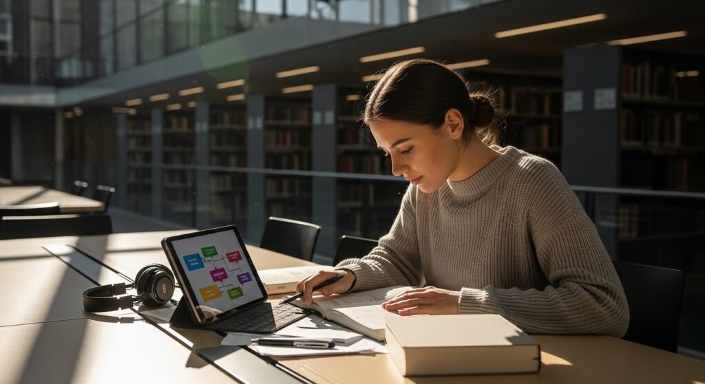 joven concentrada estudiando con tablet en una biblioteca moderna