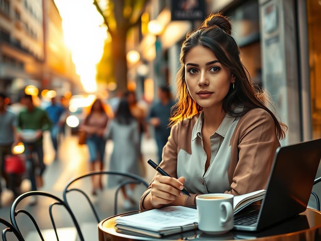 joven emprendedora en cafe al amanecer tranquila inspiradora con notas