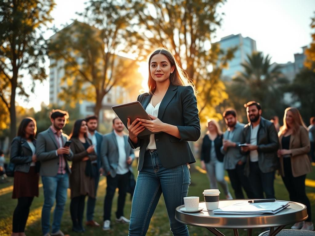 joven emprendedora segura en parque urbano rodeada de gente y tecnologia