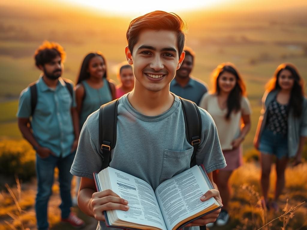 joven en cima de colina al amanecer rodeado de naturaleza y esperanza