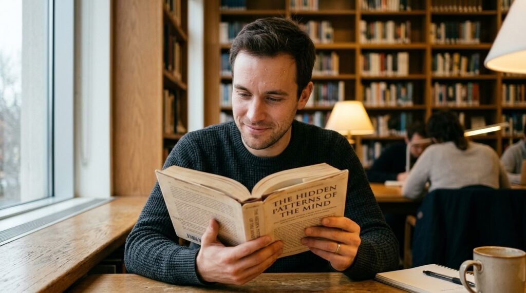 joven leyendo libro grueso en biblioteca con luz azulada
