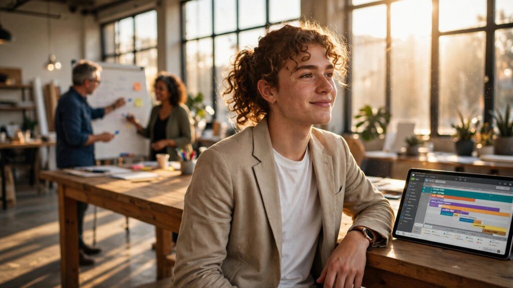 joven profesional reflexiona en un estudio creativo soleado