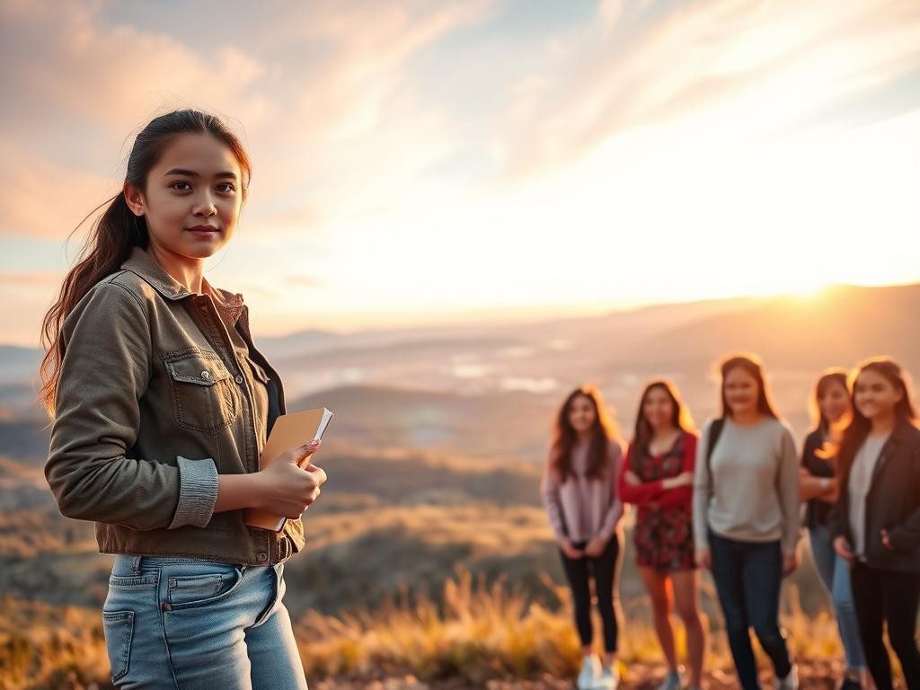 jovencita en cumbre al amanecer con expresion segura y paisaje inspirador