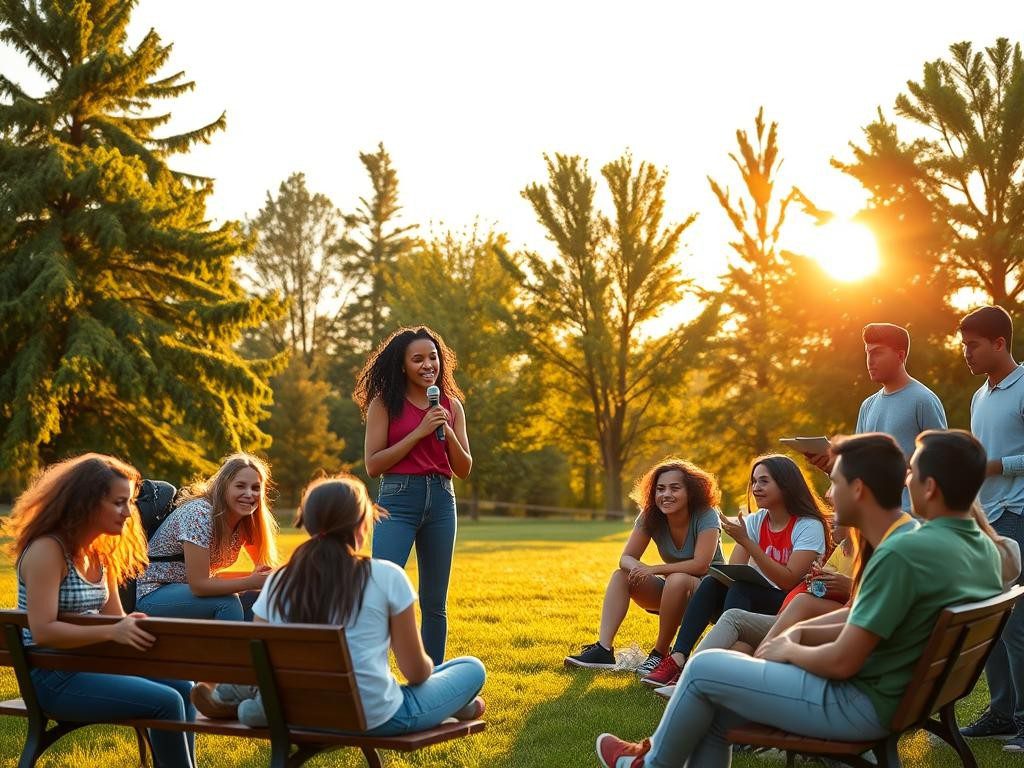 jovenes diversos en parque al atardecer liderando compartiendo y colaborando