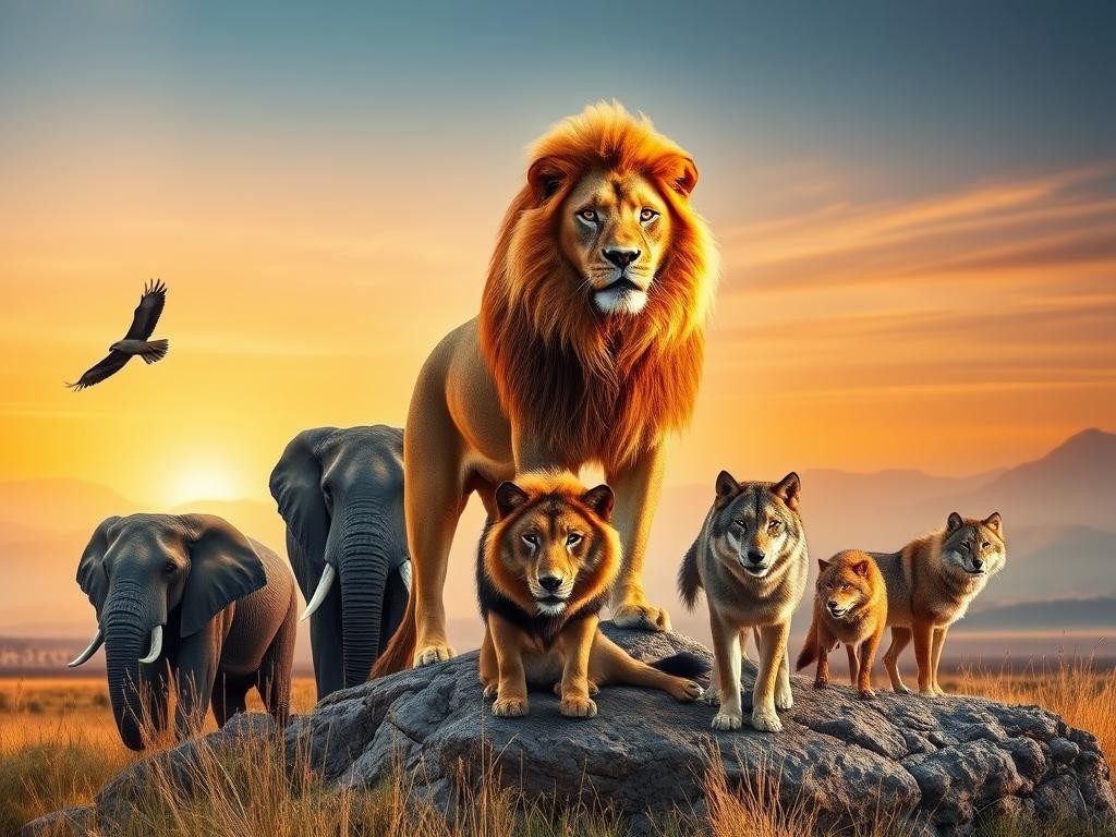 leon al amanecer con animales paisaje vasto y atmosfera poderosa