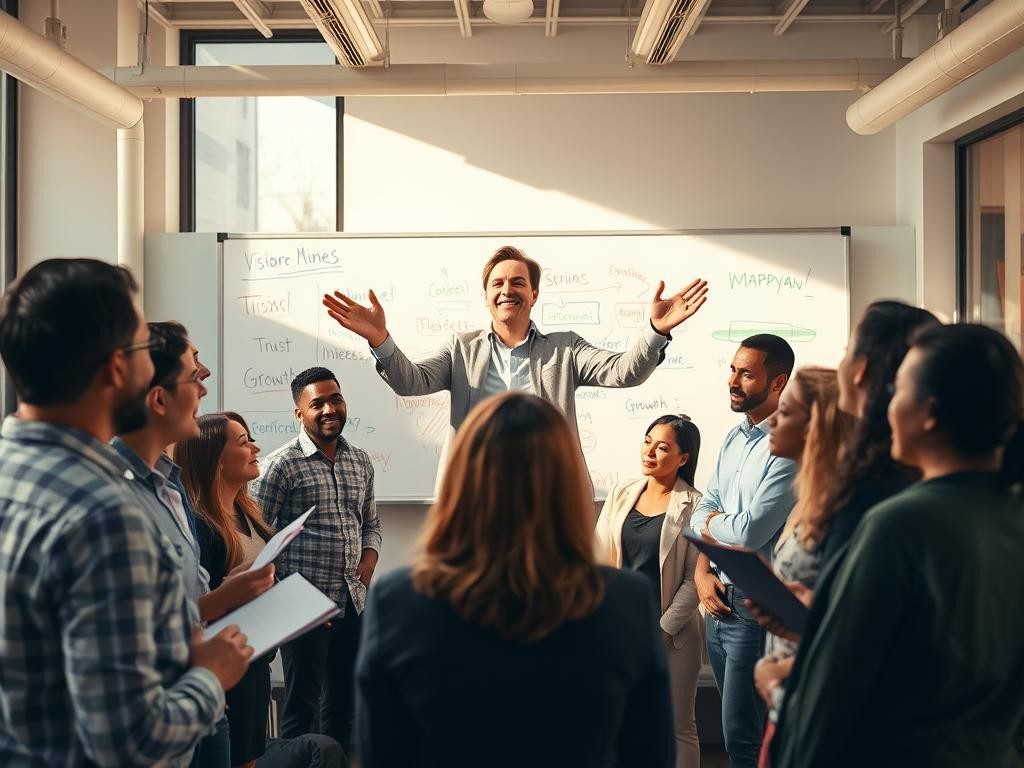 lider apasionado en oficina luminosa inspirando a equipo diverso y motivado