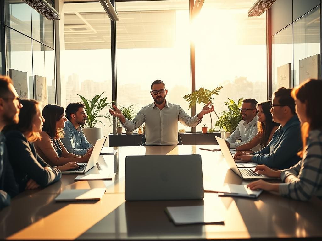 lider apasionado en oficina moderna iluminada rodeado de colegas inspirados