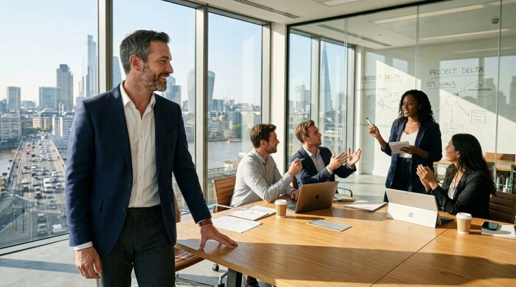 lider atento escucha a sus colaboradores en reunion corporativa