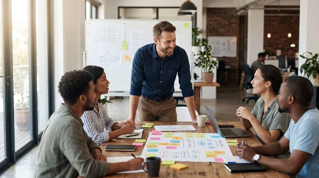 lider atento escuchando propuestas de su grupo laboral