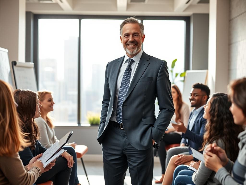 lider carismatico en oficina moderna equipo motivado luz suave ambiente inspirador