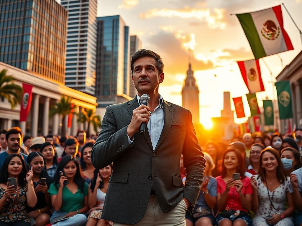 lider carismatico en plaza vibrante al atardecer entre historia y modernidad