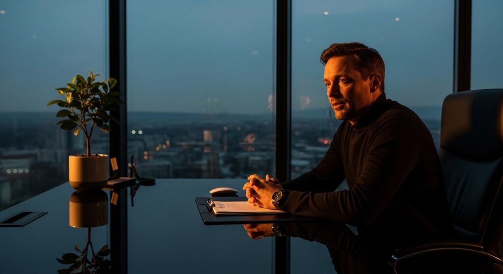 lider concentrado en escritorio oscuro ante ciudad al atardecer