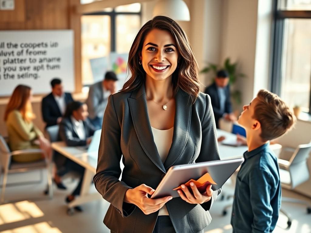 lider confiada en oficina luminosa rodeada de equipo motivado y visuales inspiradores