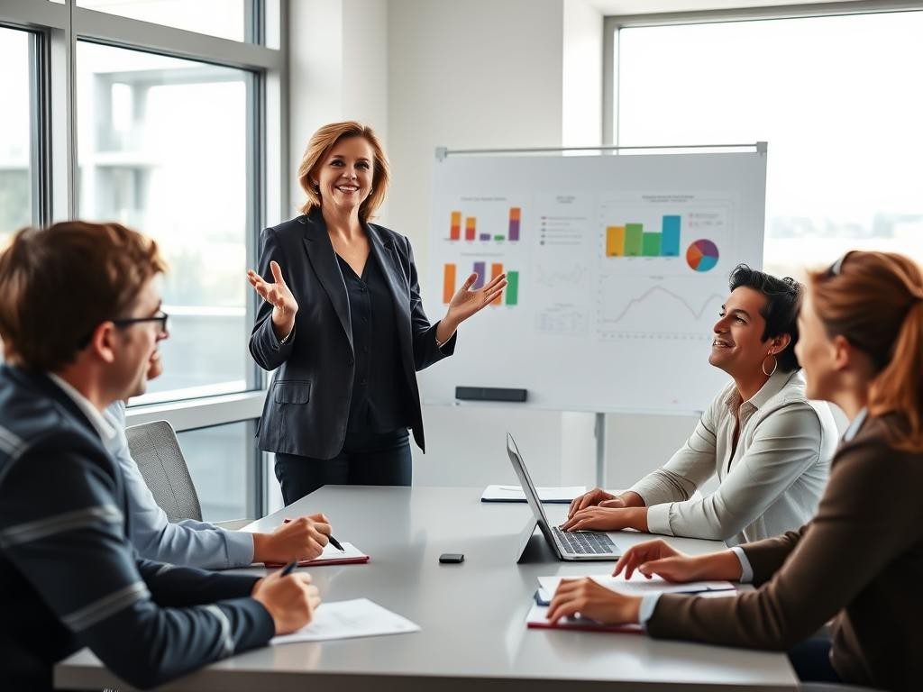 lider confiada en oficina moderna gesticula con entusiasmo ante equipo atento