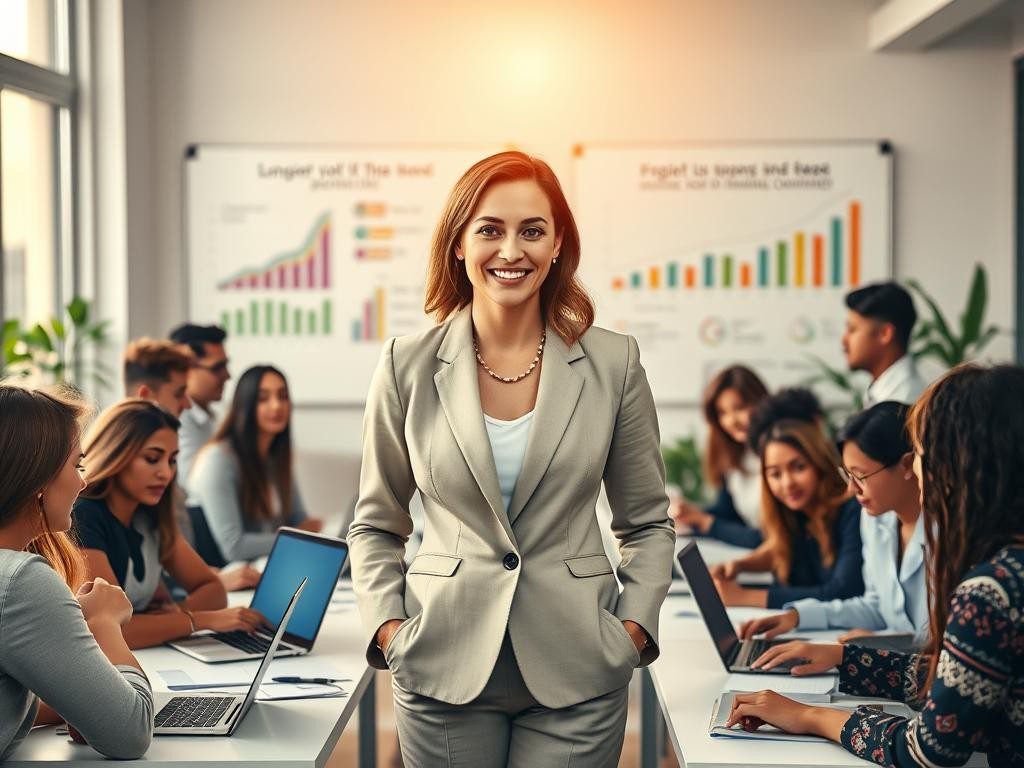 lider confiada en oficina moderna rodeada de equipo diverso y motivado