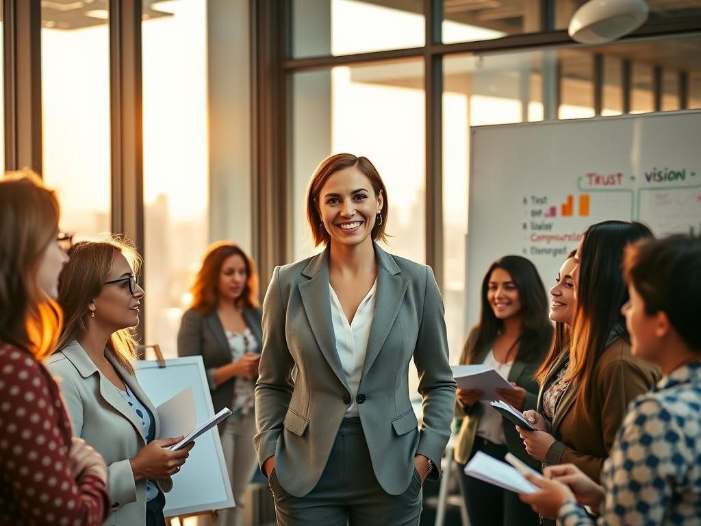 lider confiada en oficina moderna rodeada de equipo y graficos inspiradores