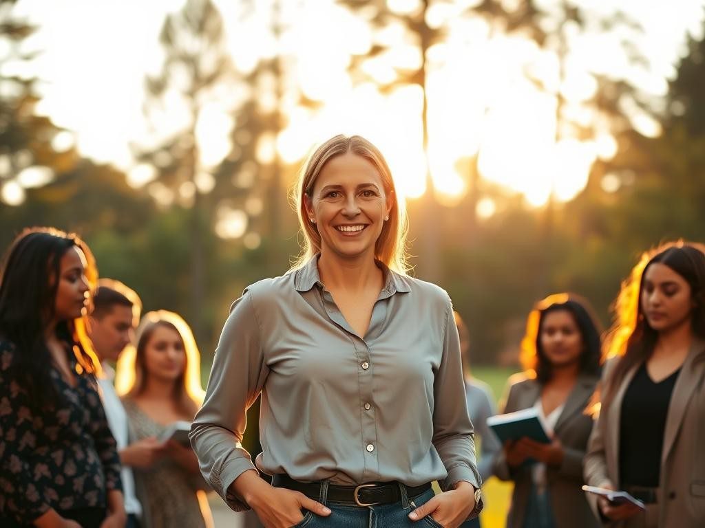 lider confiada en parque sonriente rodeada de equipo atento y respetuoso