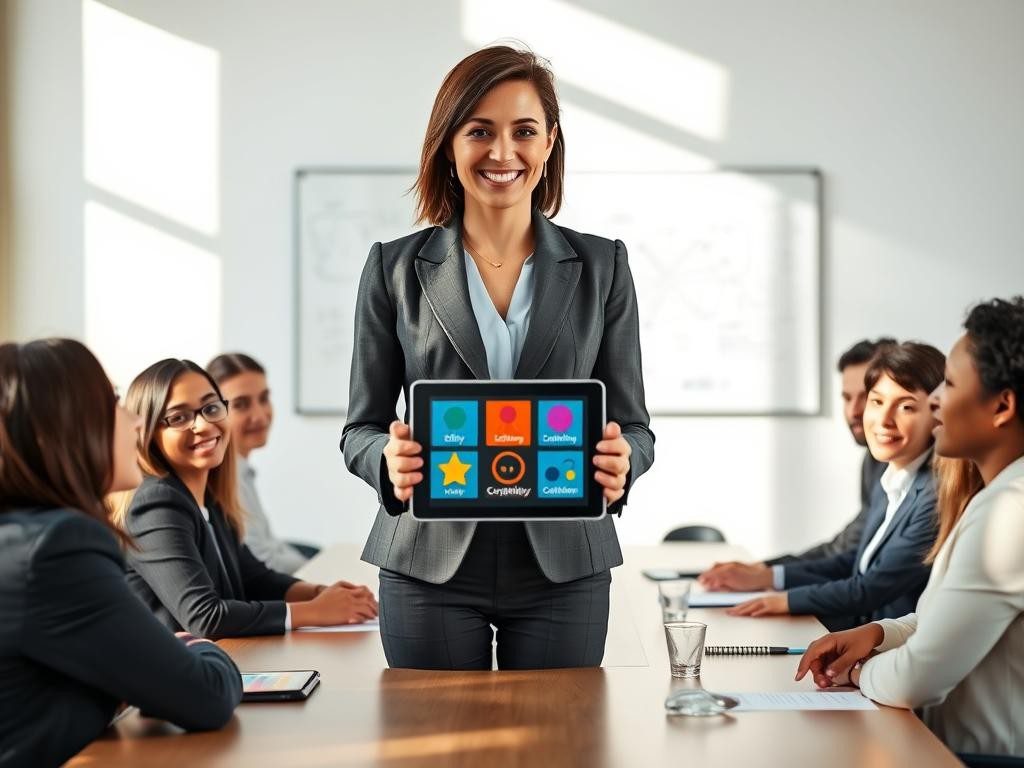 lider confiada en sala luminosa con equipo atento y ambiente inspirador