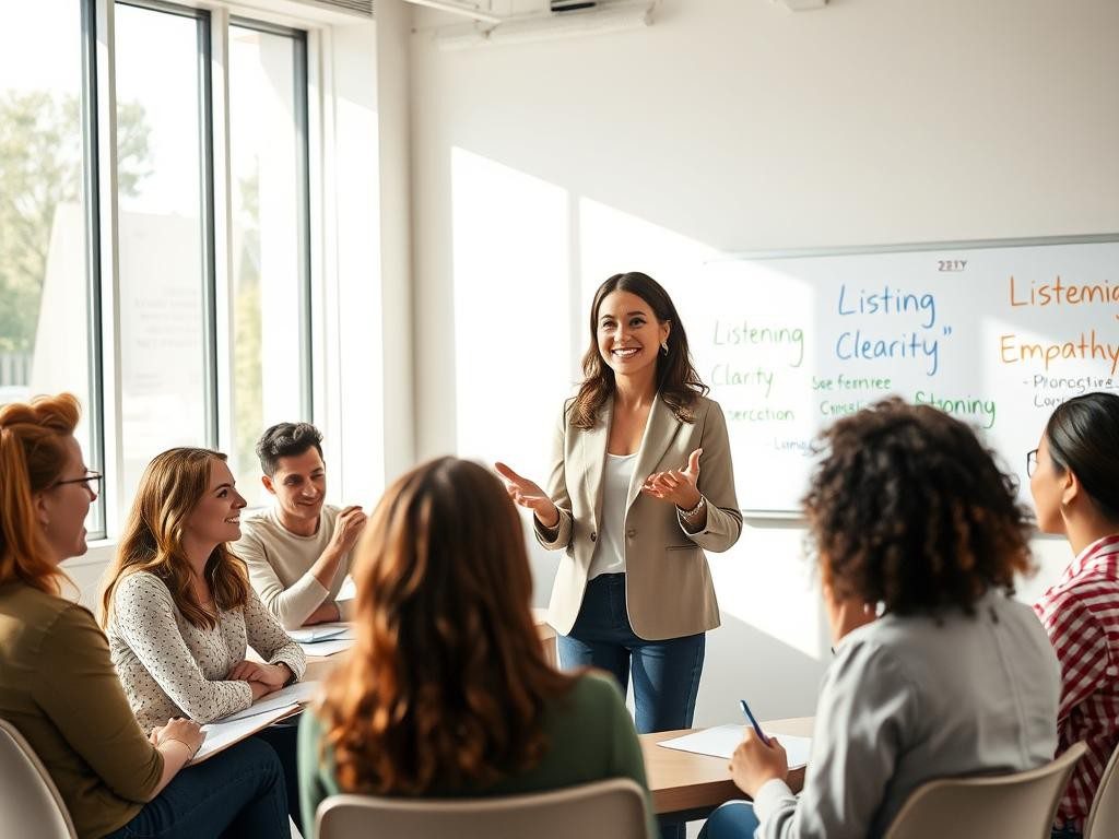 lider confiada en sala moderna gesticula equipo atento y motivado