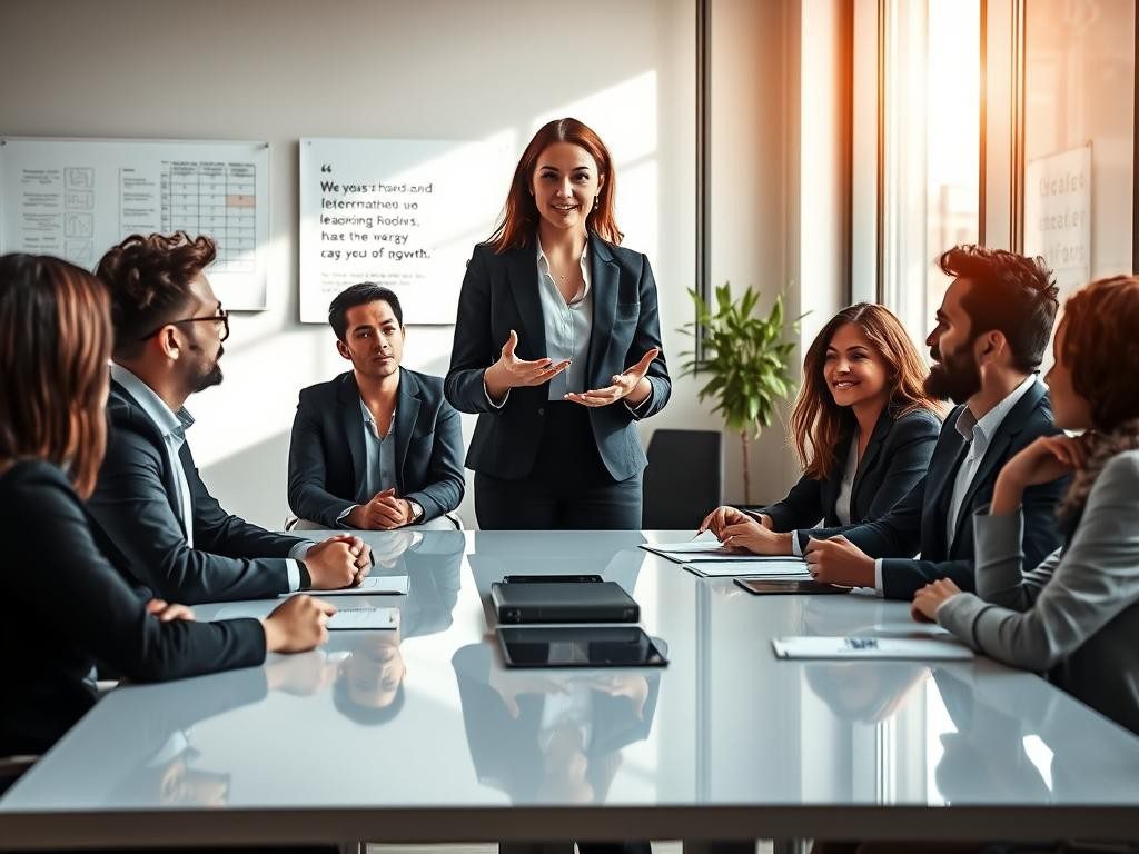 lider confiada inspira a su equipo en moderna oficina con luz natural y motivacion
