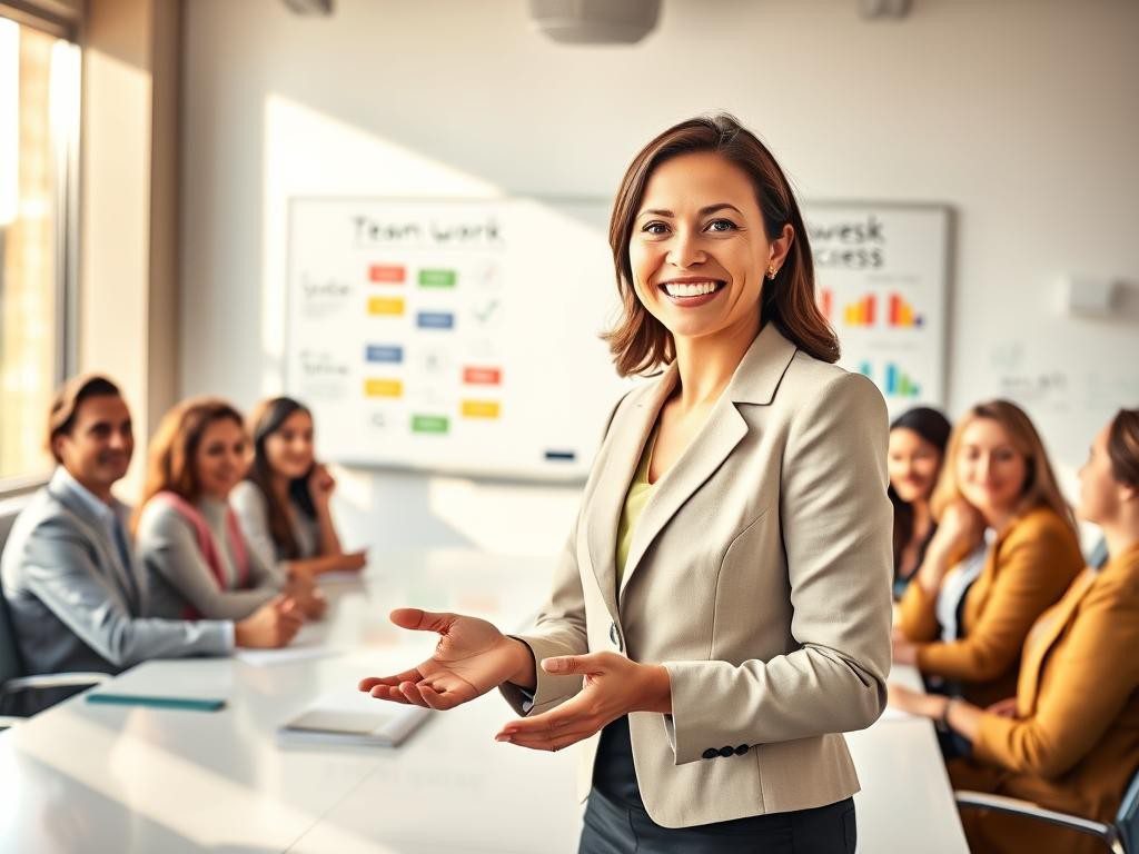 lider confiada inspira en sala moderna luz calida equipo atento y motivado